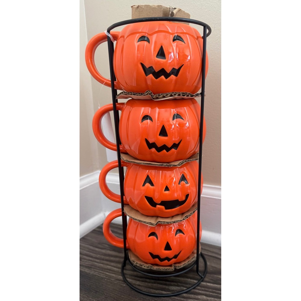 Way to Celebrate Halloween Pumpkin Mug Stack Set of 4 with Rack Orange Stoneware